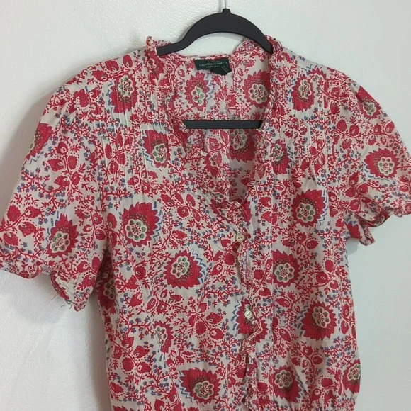 LRL Ralph Lauren Jeans Co. Red White Floral Cotton Shirt Sleeve Ruffle Top M - Picture 2 of 6